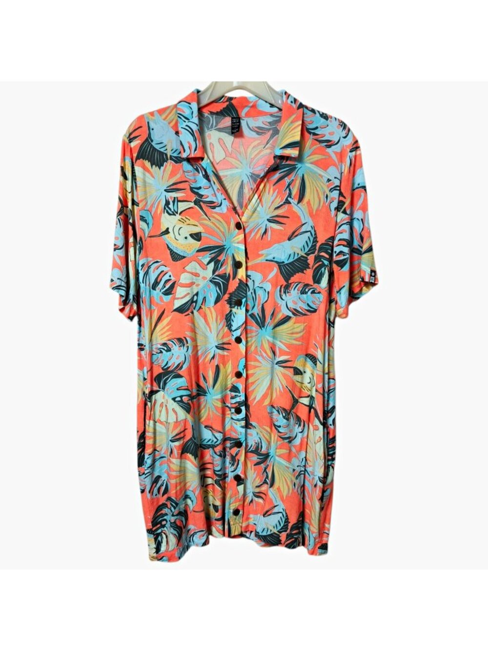 Salty Crew Large Tropical Floral Button Front Shirt Dress Coral Blue Pockets